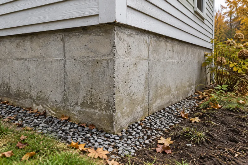 Concrete foundation corner and surrounding ground beside a New England house