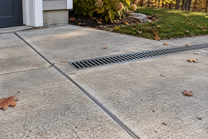 Sealed concrete joints beside a linear drain near a New England house