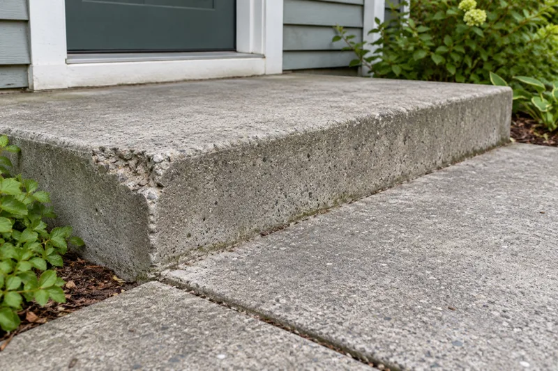 Synthetic illustration of a chipped concrete step and adjacent walkway joint